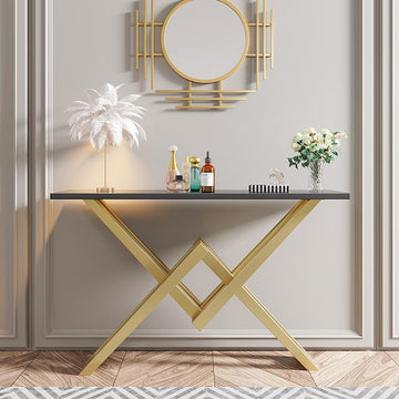 Black & Gold Narrow Console Table Accent Table For Entryway X Base Metal in Small